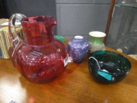 Cranberry glass jug, Chinese wine glass, Bristol green bowl and two ceramic and glass vases (five in