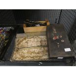 Cage containing vintage First Aid kit plus brass finger plates and set of scales