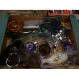 Box containing glassware to include paper weights, vases, dishes and a carnival glass decanter