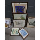 Five paintings and prints to include rural and village scenes plus an Egyptian panel