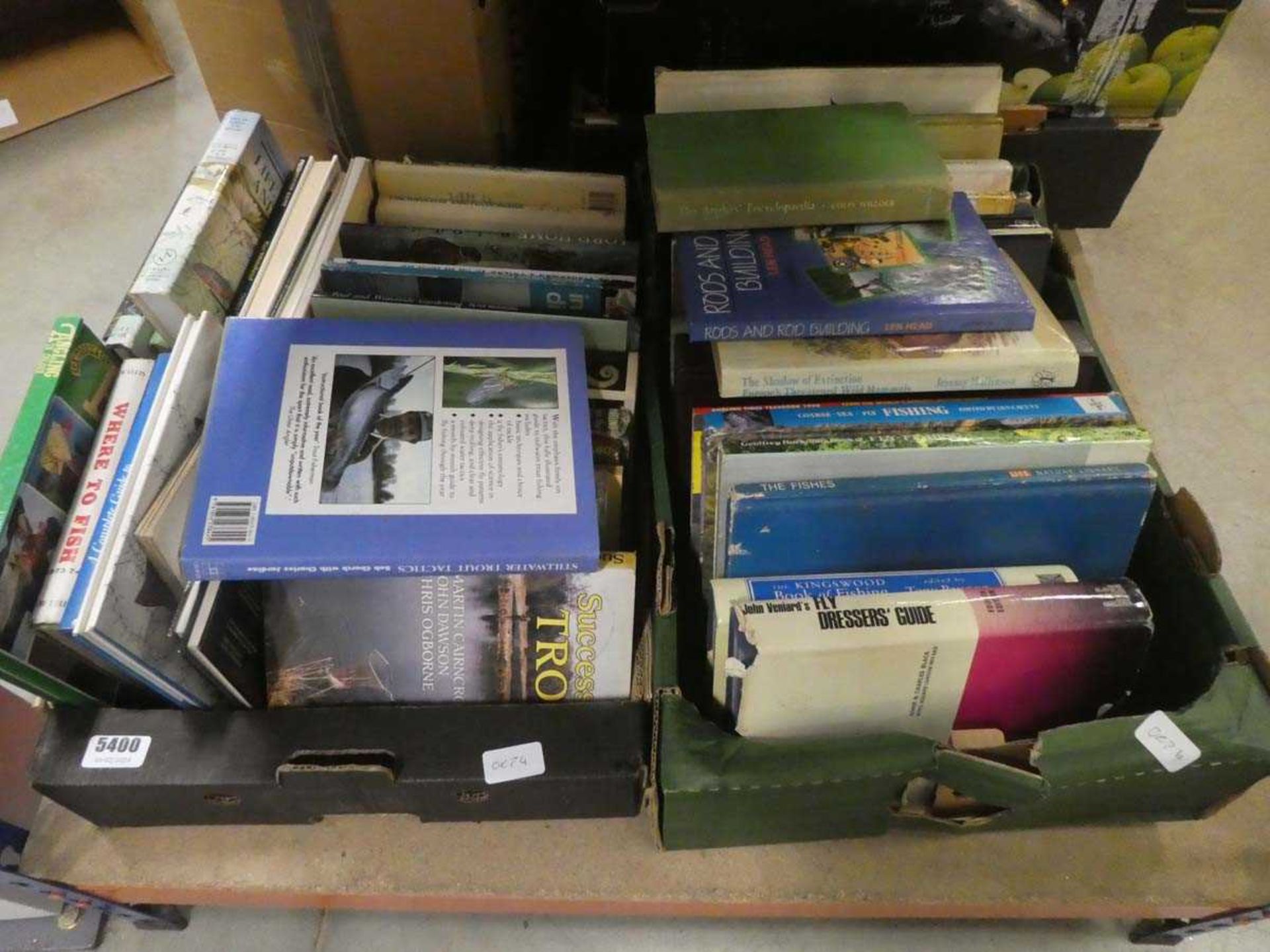 2 boxes containing angling books