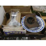 Box containing blue and white bowl, Smiths mantle clock, wine glasses, ordnance survey maps and a