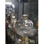 Collection of silver plate to include two teapots with stands, milk jugs and a cake basket