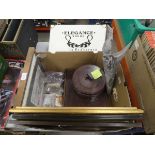 Box containing a Bakelite yogurt maker and engraving, plus playing cards and various prints