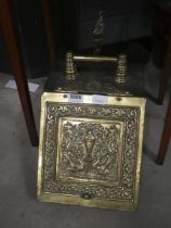 Brass coal scuttle plus a brush, shovel and poker