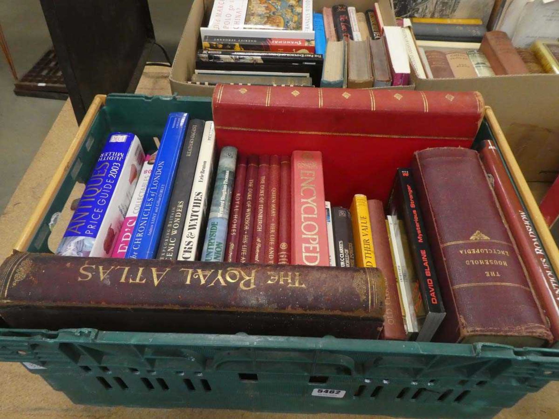 Box containing an atlas, encyclopedia, plus antique reference books