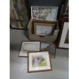 Box containing a quantity of paintings and prints to include Parisian scene, yacht in harbour,