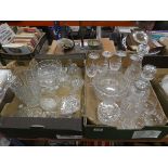 2 boxes containing glassware to include vases, decanters and wine glasses