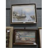 Pair of oils on canvas, coastal scenes with beached rowing boat and fishing boats in harbour