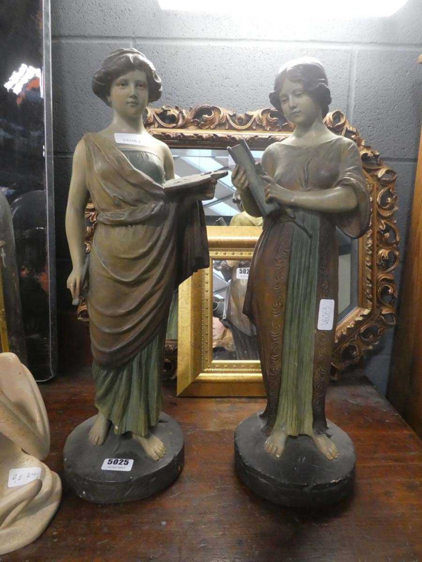 Two plaster figures styled as classical Greek ladies
