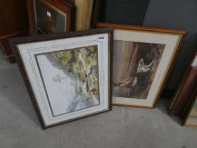 Two rural prints of boy with dogs plus stream and mountains