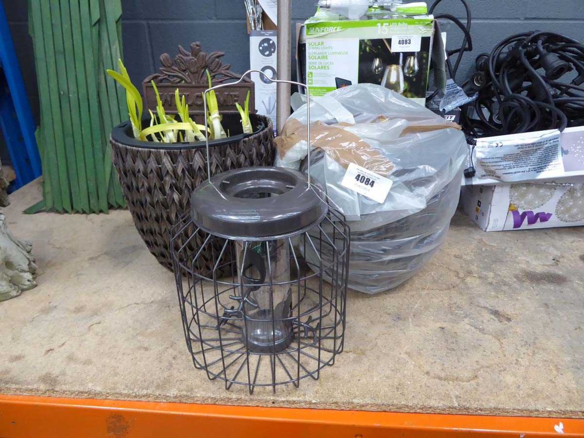 +VAT Gardena grass rake, 2 potted bulbs and a bird feeder