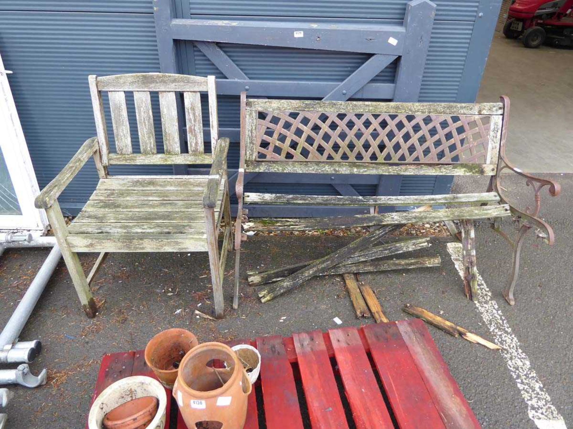 Small wooden chair and wooden and metal bench, in need of repair