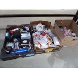 3 boxes of various items including dummy cameras, pipe clips, bird food, bars, etc