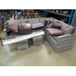 Rattan grey corner sofa, with 2 footstools and rug