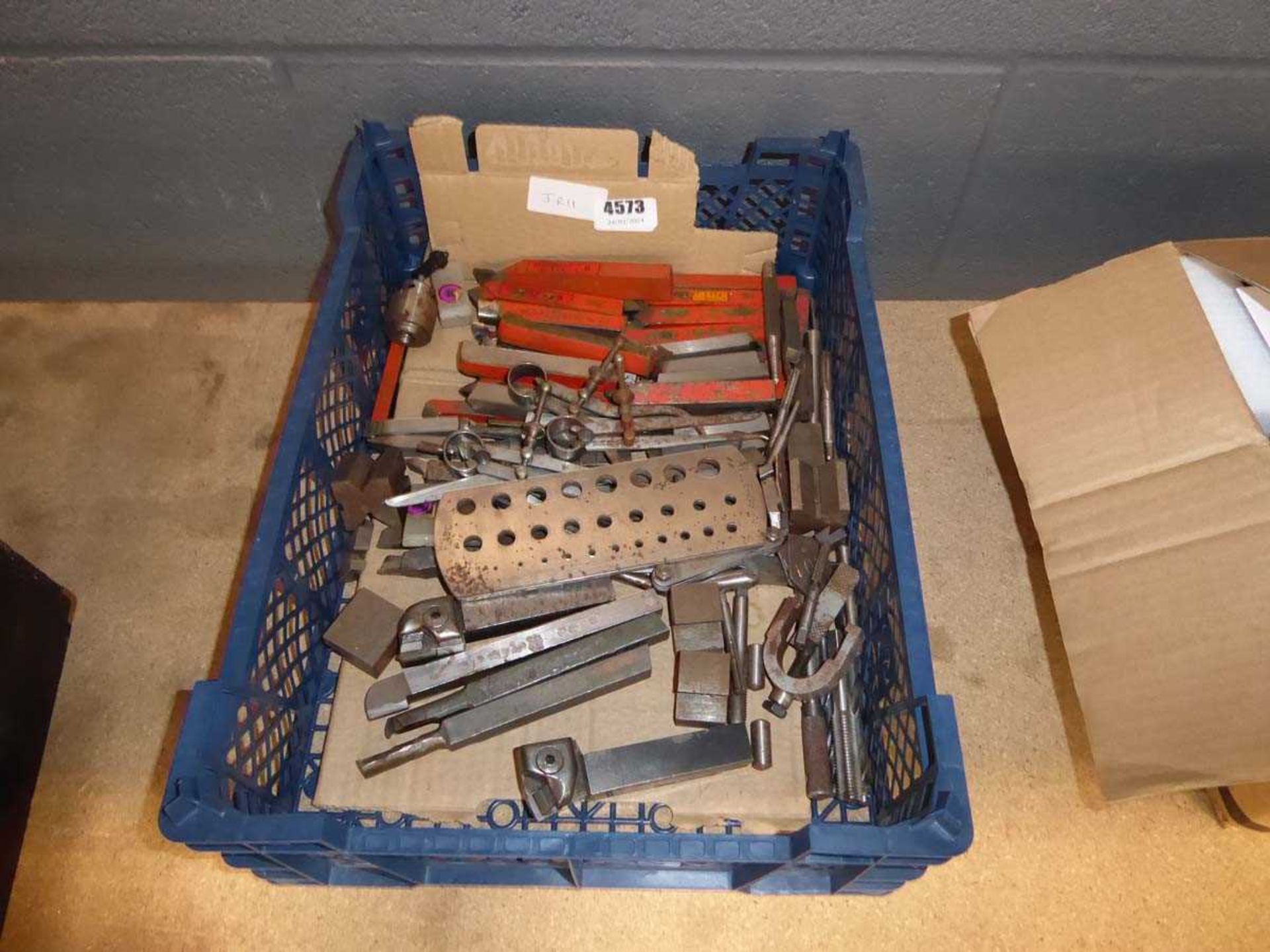 Box of lathe parts and measuring gauges