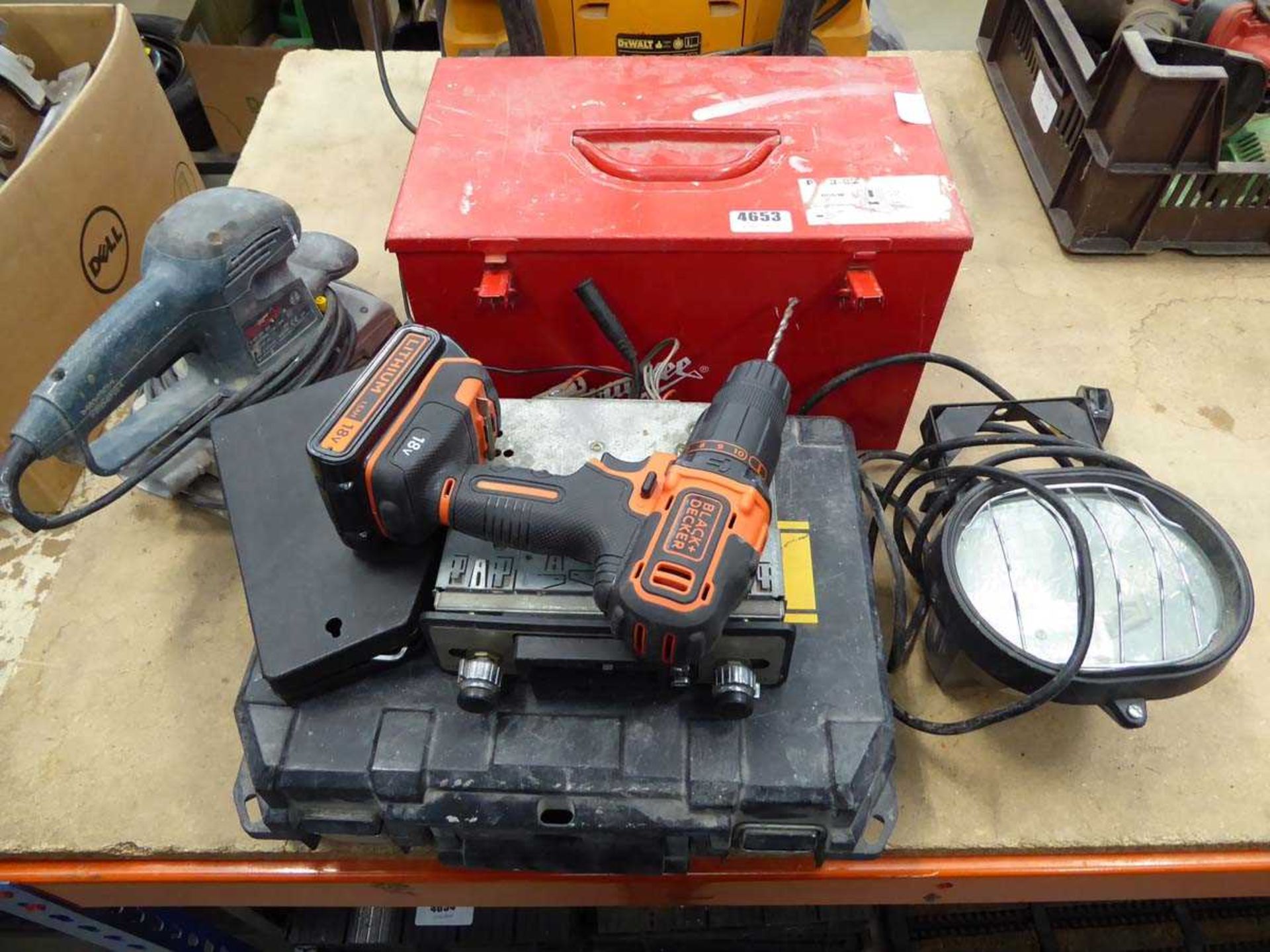 Milwaukee electric plane, Black and Decker battery drill, Bosch sander, light and other items