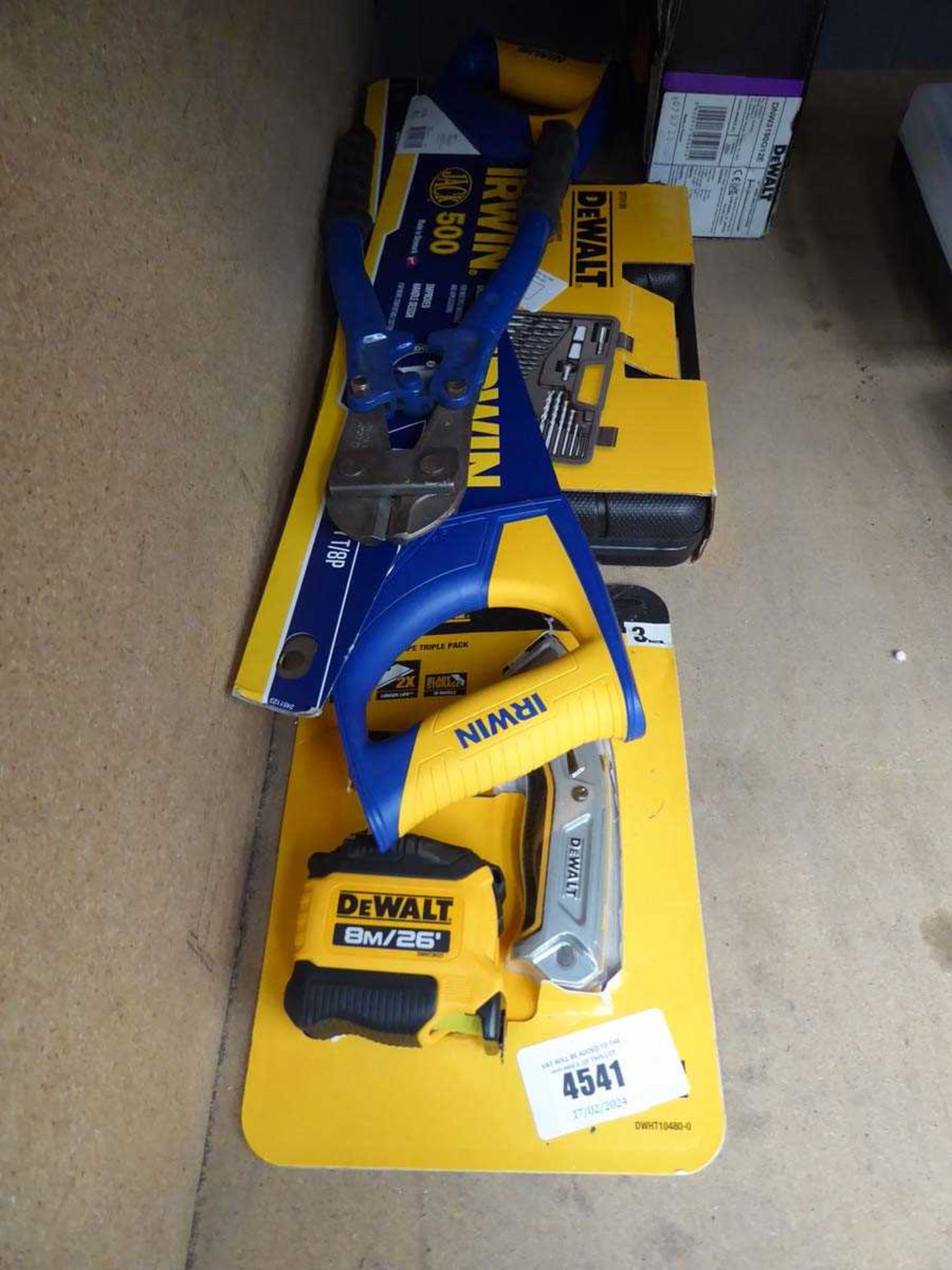 +VAT Dewalt knife and tape measure set, 2 saws, pair of bolt croppers and a Dewalt bit set and