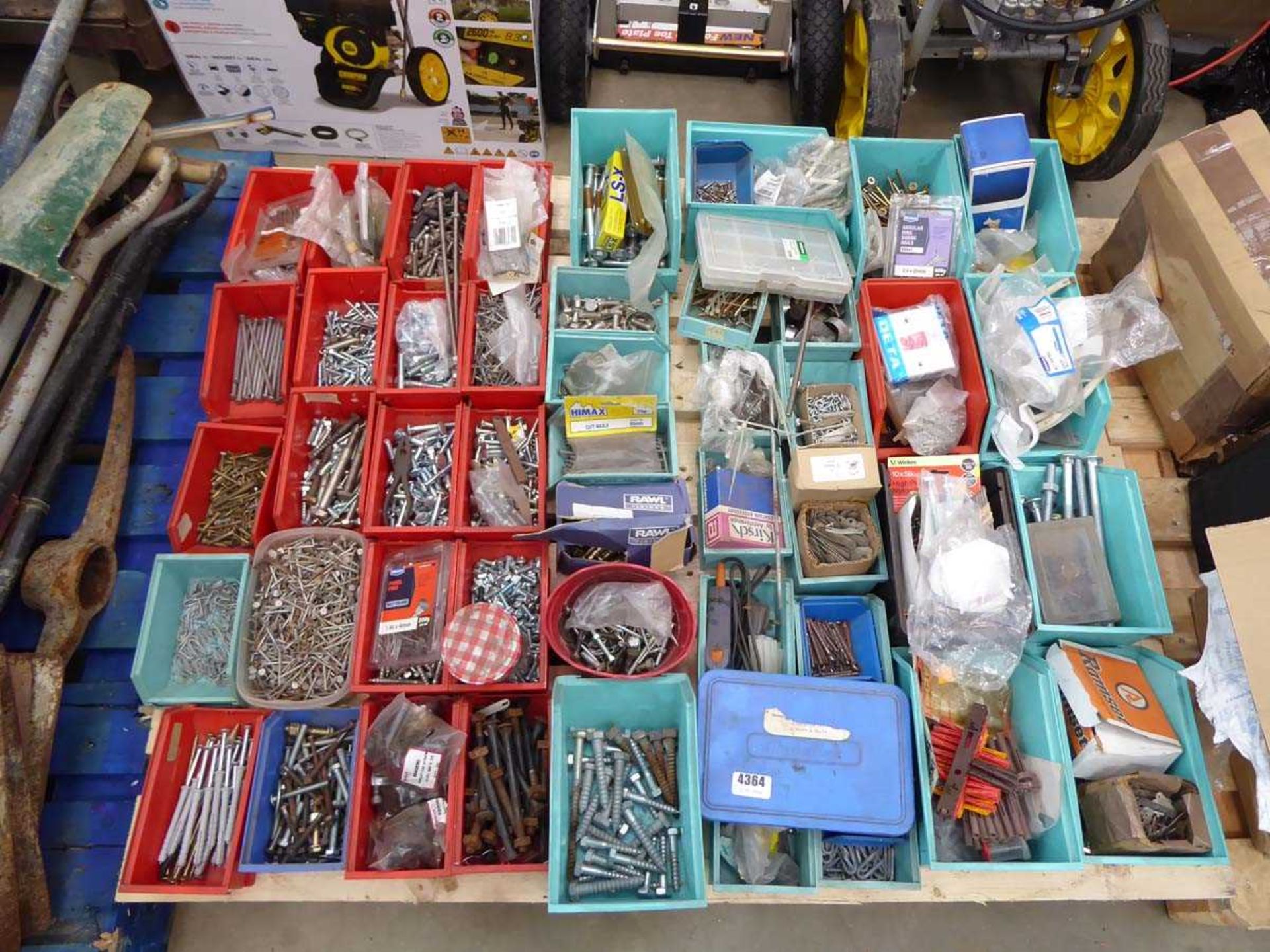 Large pallet of assorted fixings to include nails, screws, pins, bolts, rawl plugs, switches etc