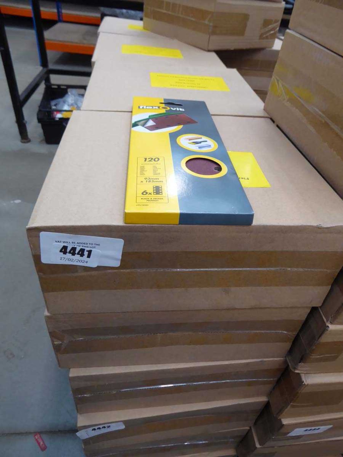 +VAT Three boxes of Flexovit 120 grit sanding sheets