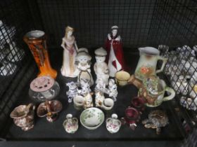 Cage containing Royal Worcester and Royal Doulton figures plus a Wade tortoise, glassware, jugs