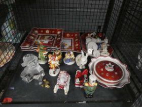 Cage of Christmas ornaments and tablewares including Villeroy & Boch figures