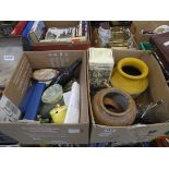 Two boxes containing stoneware flaggens, leather belts, glass bottles and general china