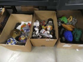 3 x boxes containing ornamental cat and other figures plus biscuit barrel and trinket boxes,