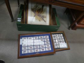 Box containing cigarette card pictures, picture of pheasant, canal scene, woodland birds and rural