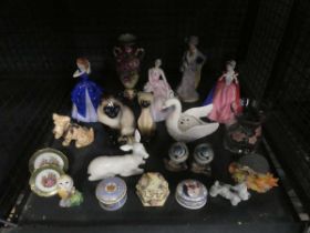 Cage containing pill boxes, ornamental lady and other figures