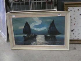 1970s oil on canvas, Fishing Boats at Sea