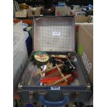 Box containing crab lines, spinning reels and lead weights