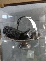 Silver plated cake dish, camera and small quantity of costume jewellery