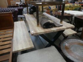 Faux pine dining table with two benches