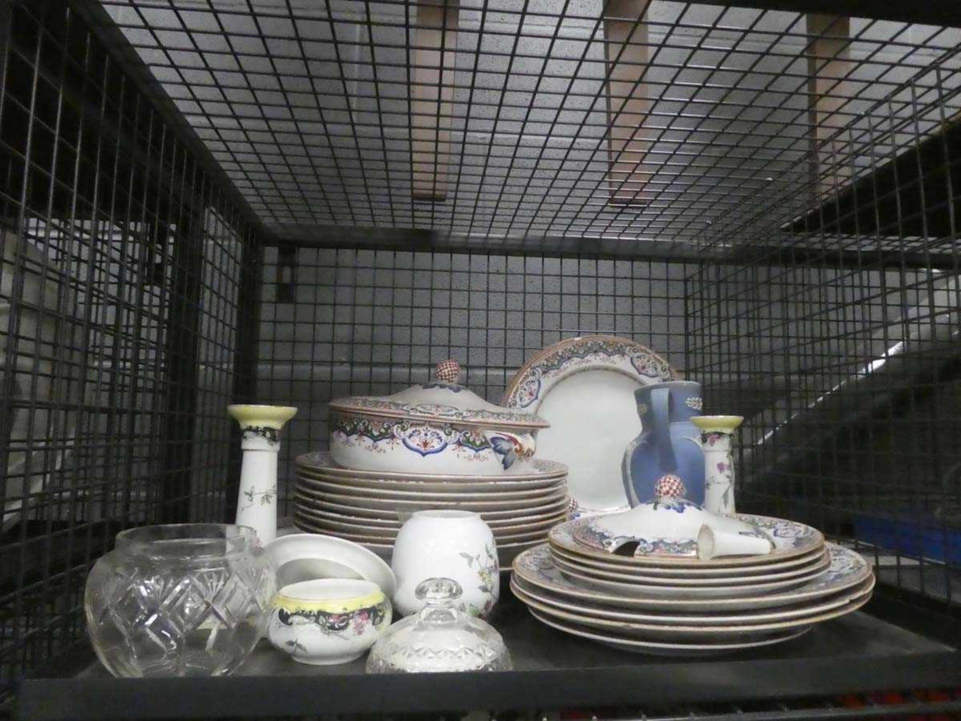 Cage containing candlesticks, Jasper ware and floral patterned crockery - Image 2 of 2