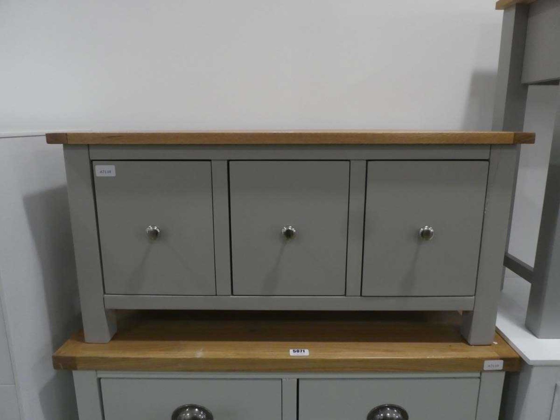 Oak finished and grey painted 3 drawer storage cabinet