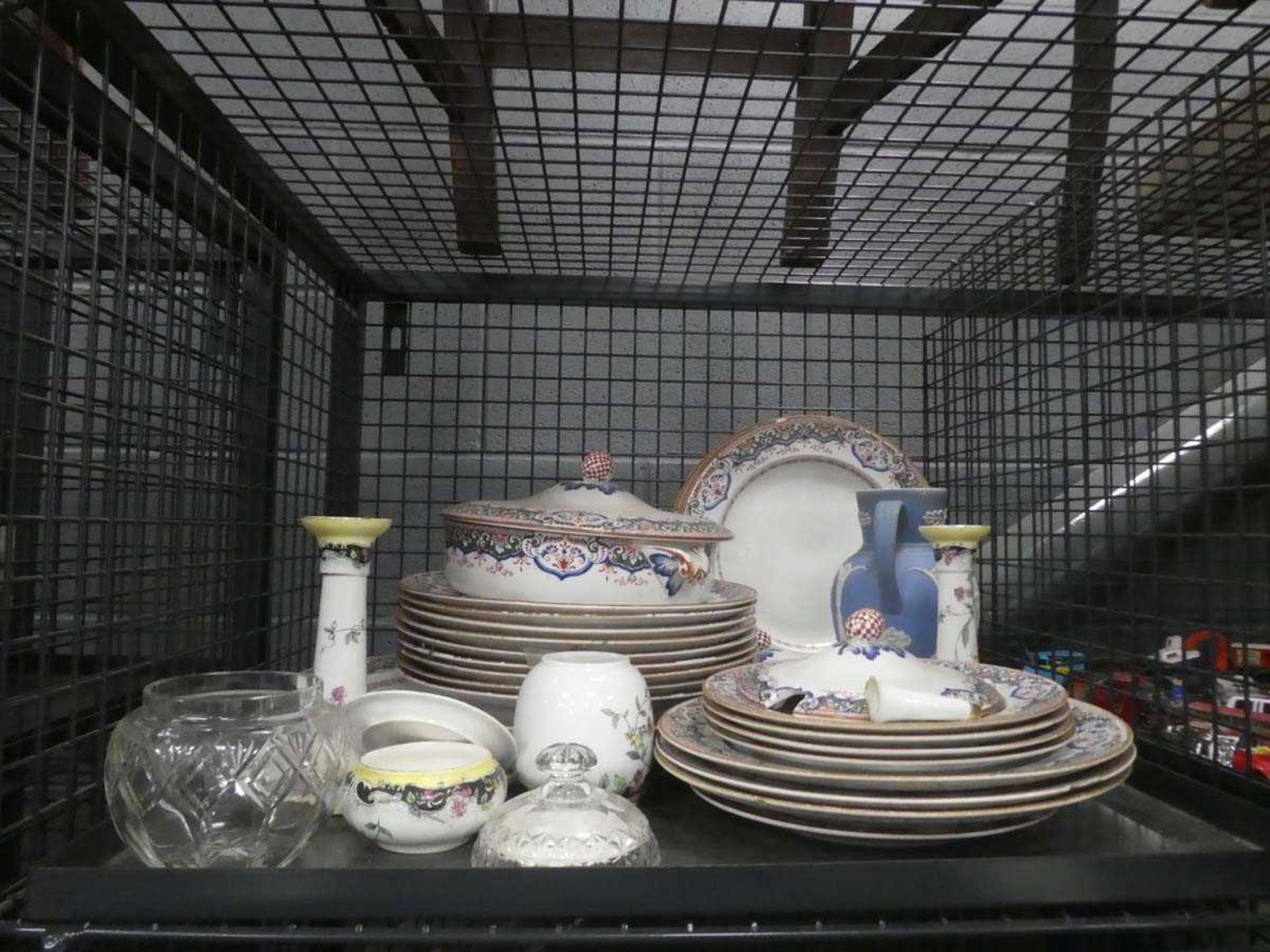 Cage containing candlesticks, Jasper ware and floral patterned crockery