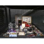 Cage containing costume jewellery, boxing prints plus coinage