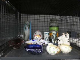 Cage containing a carnival glass fish, Staffordshire figure, studio pottery, glassware and Belleek