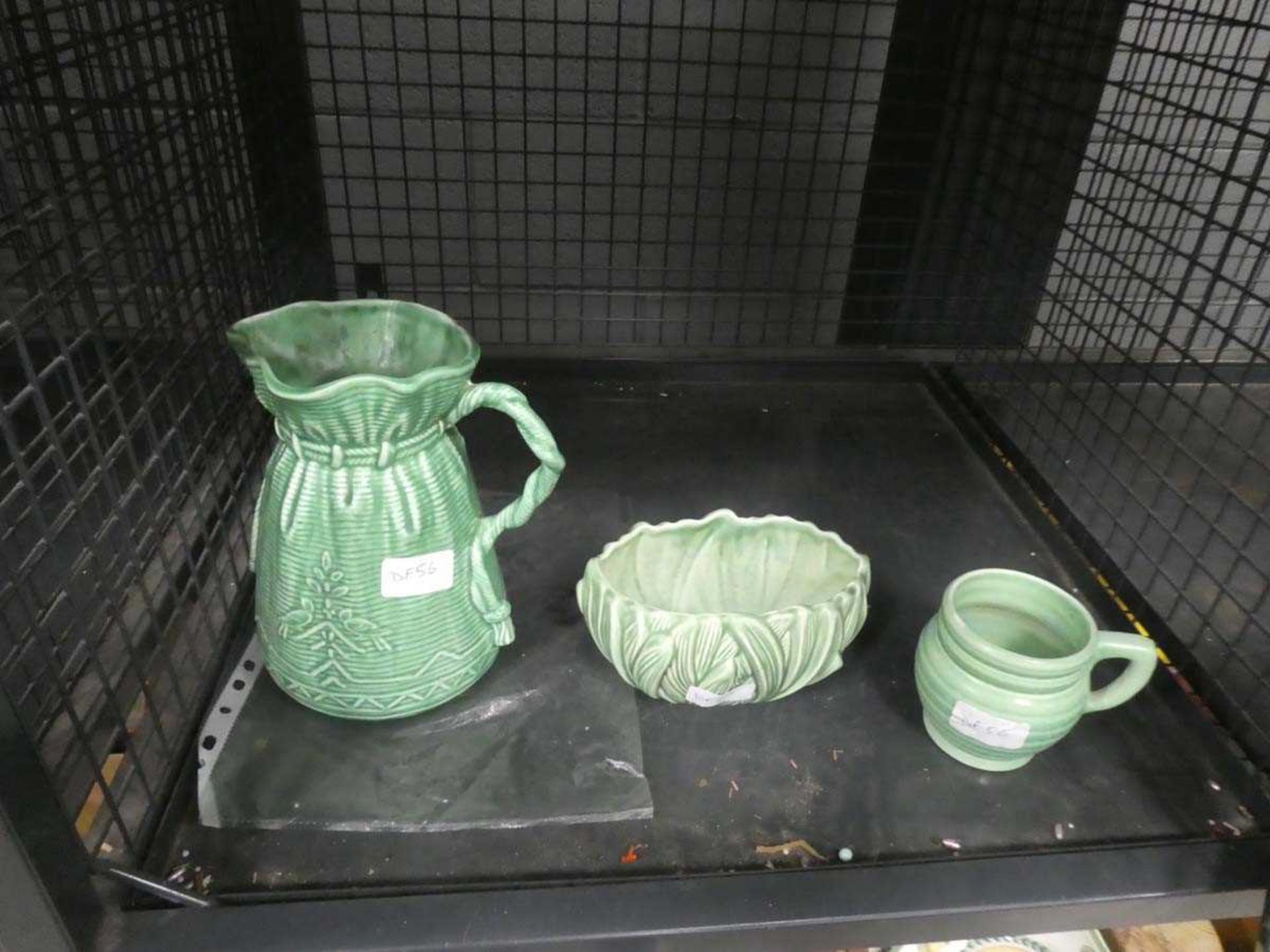 Cage containing 3 Royal Cauldon and Sylvac jugs, mug and dish
