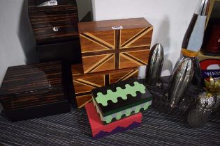 Two Union Jack boxes and two brightly coloured boxes (4)