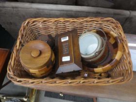 Wicker basket plus biscuit barrels, trinket box and fruit bowl