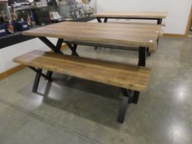 Faux oak dining table with two benches