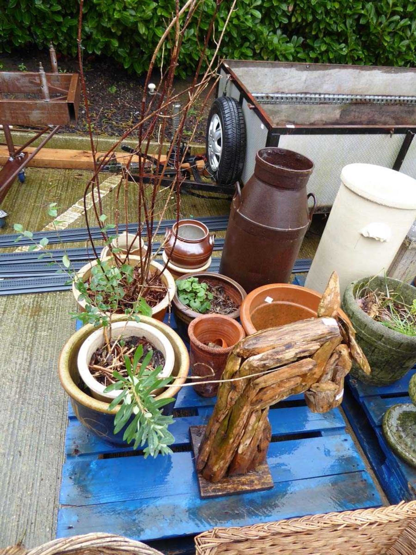 Pallet containing wooden sculptured horses head, quantity of plant pots and metal style milk churn