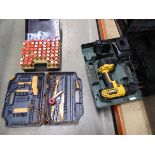 Organiser box of small fixings, a Dewalt battery drill with 2 batteries and charger and a small part