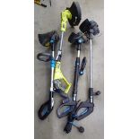 Four battery powered and corded strimmers, no batteries or charger