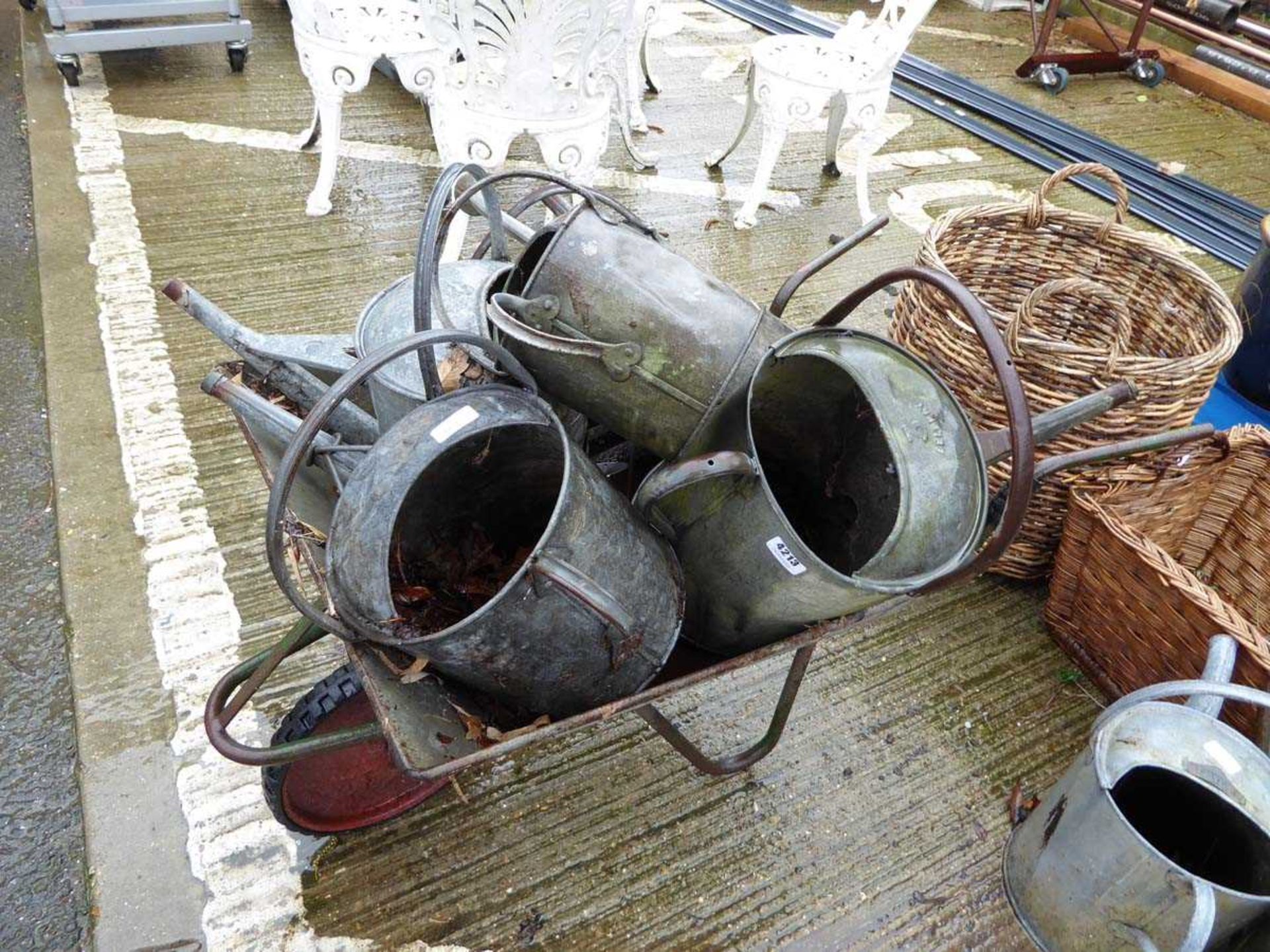 Metal wheel barrow containing galvanised watering cans and two wicker baskets - Image 3 of 3