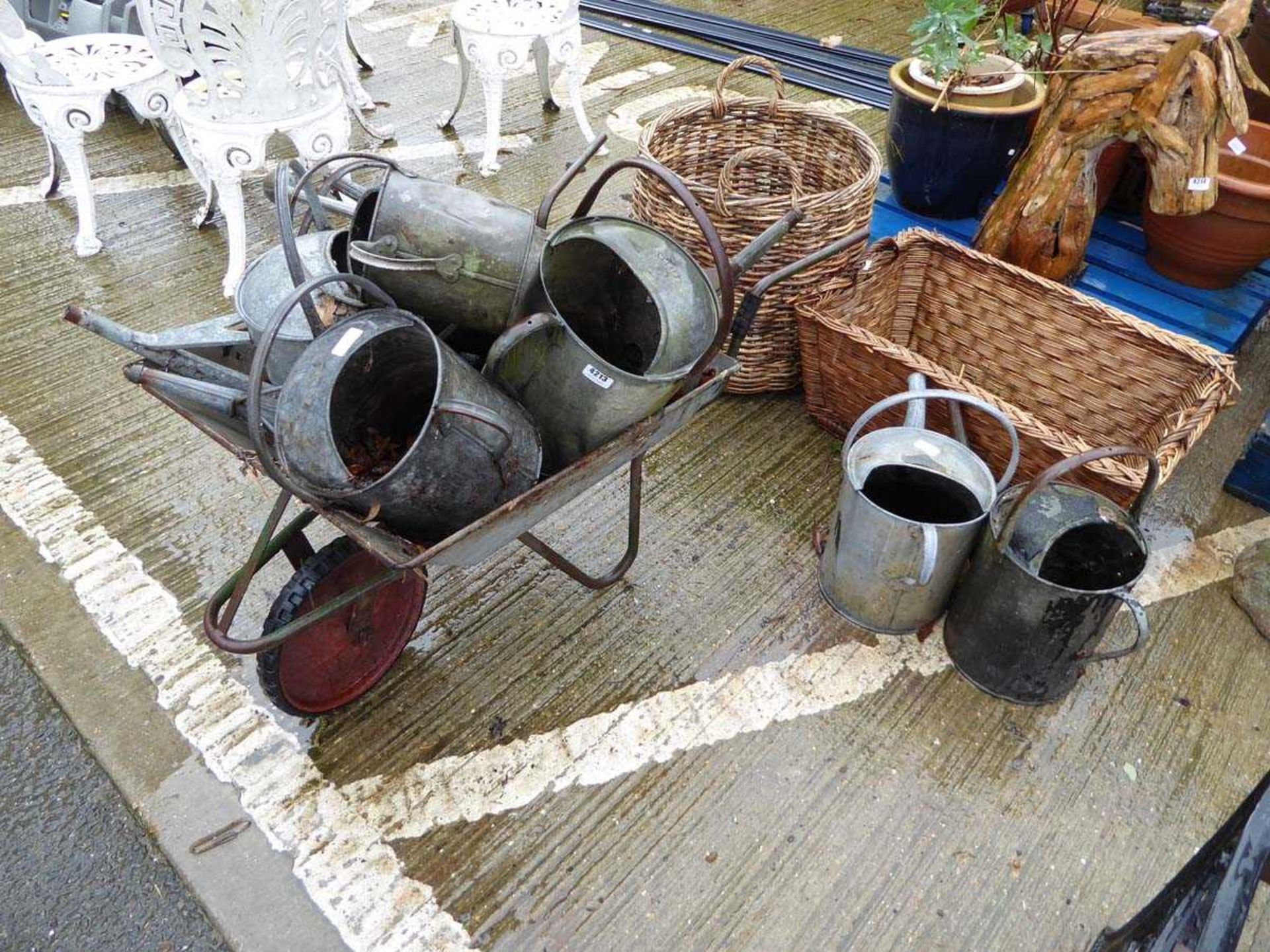 Metal wheel barrow containing galvanised watering cans and two wicker baskets - Image 2 of 3