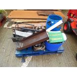 Pallet of assorted items including vintage drain rods, parasol, stool, fixings etc.