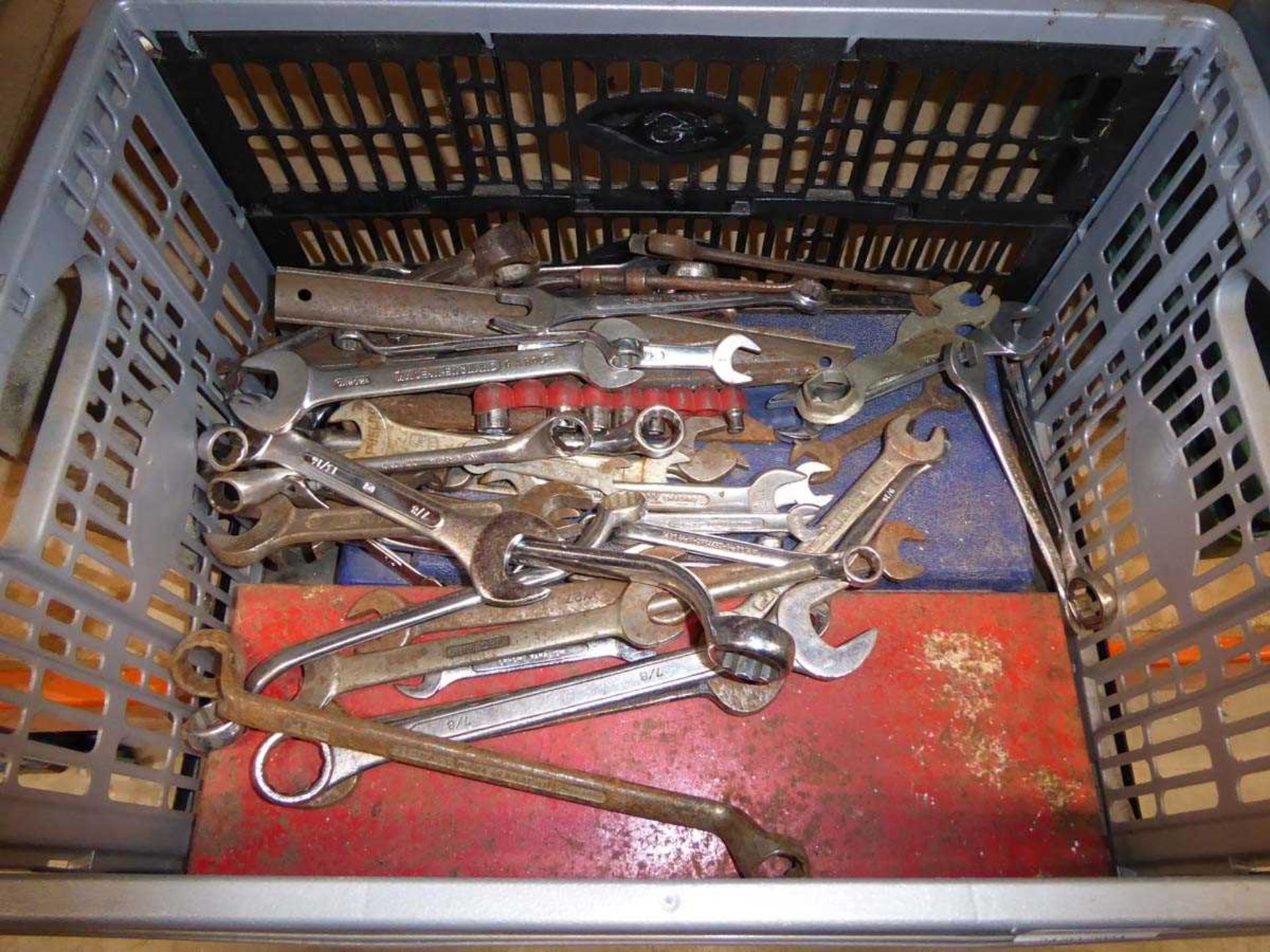 Crate containing sockets, spanners, etc